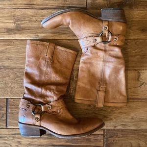 Frye Carson Harness Boots Brown Leather Pull On Western Size 9